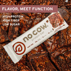No Cow chocolate fudge brownie close-up, indulgent flavor with high protein.