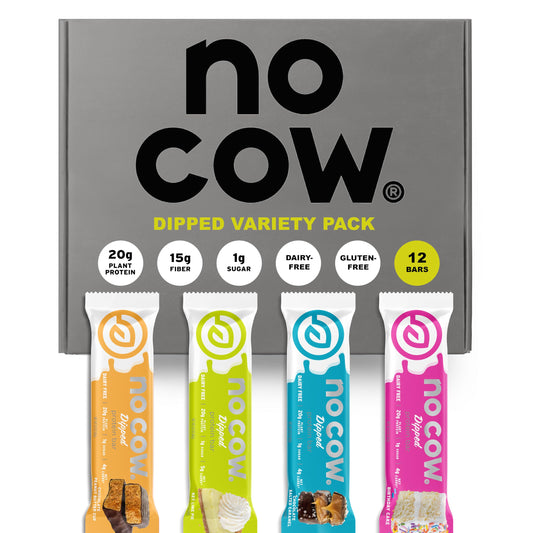 No Cow dipped bars variety pack packaging showcases a keto-friendly snack option.