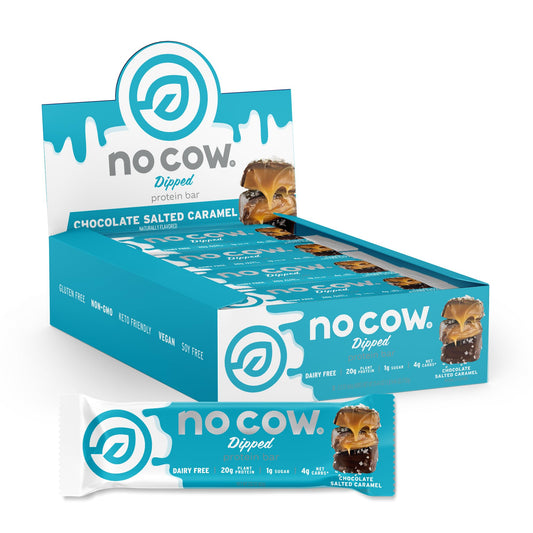 No Cow High Protein Bars Chocolate Salted Caramel wrapped, showcasing rich flavor for on-the-go snacking.