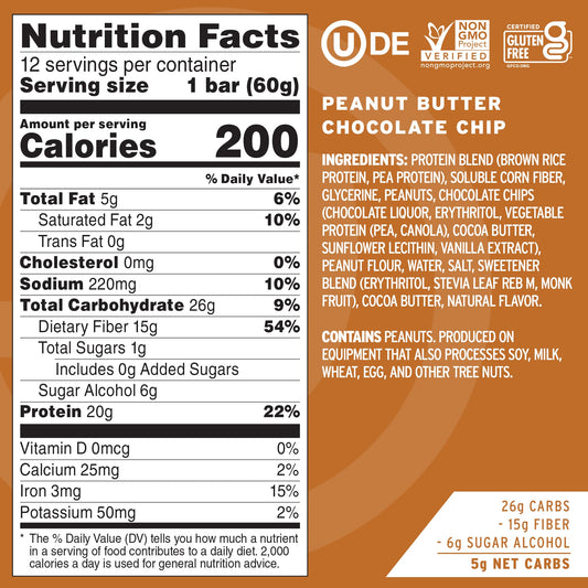 No Cow vegan bar closeup shows creamy peanut butter and chocolate chips for a satisfying snack