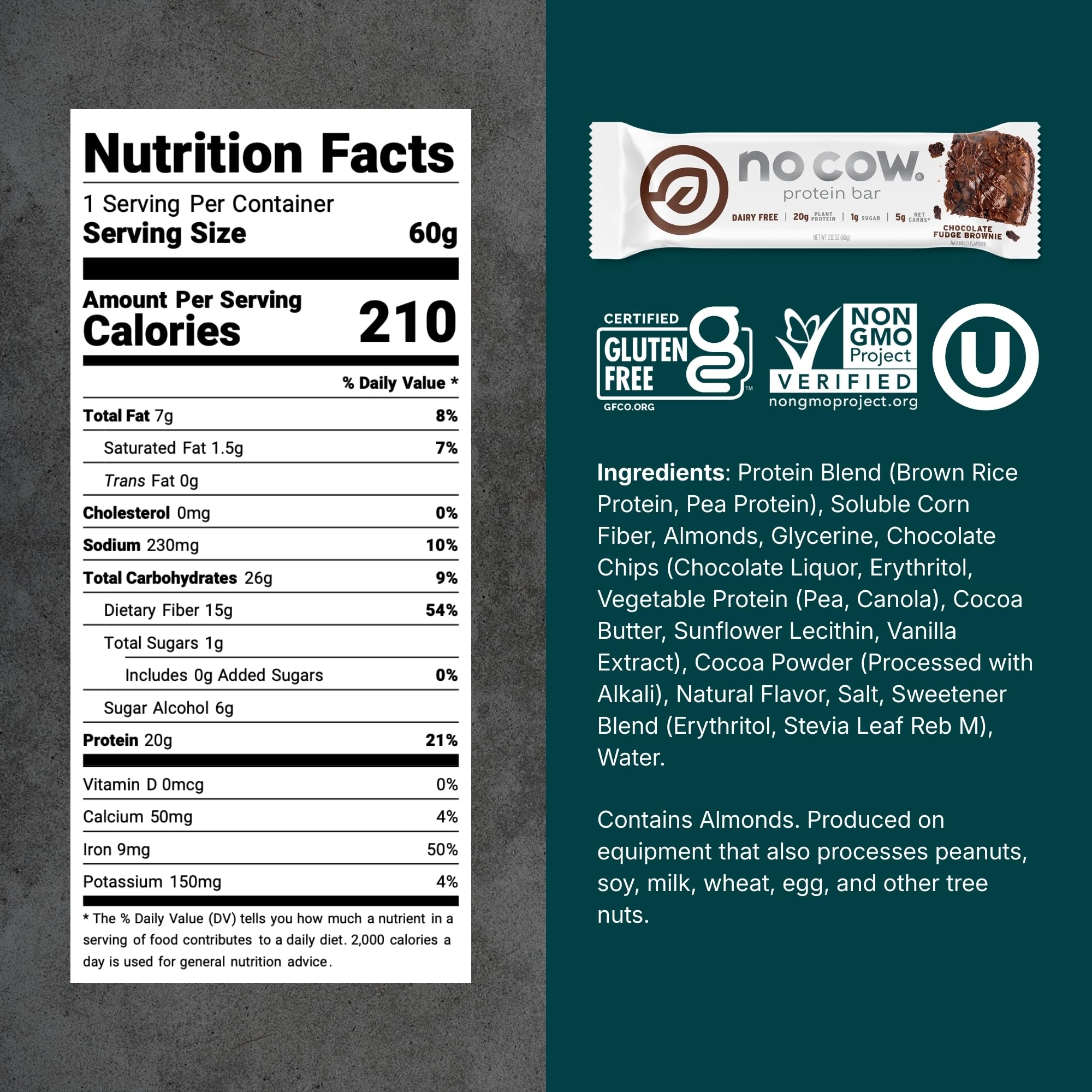 No Cow plant-based protein bar with 20g protein, great after training.