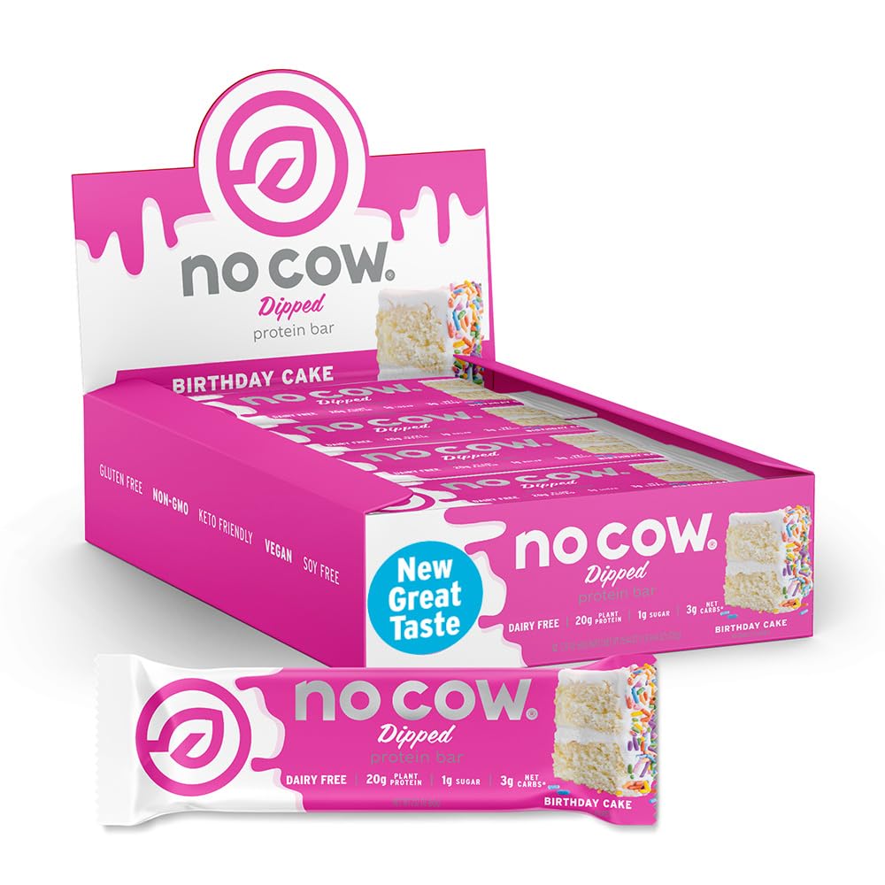 No Cow Upgraded Birthday Cake bar pack front shows a protein-packed snack for active days.
