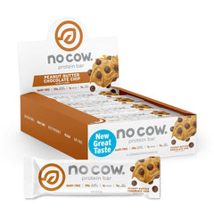 No Cow upgraded peanut butter chocolate chip bar on shelf delivering 20g plant protein for workouts