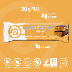 No Cow Upgraded Peanut Butter Cup bar on-the-go packaging ideal for gym or office snacks.