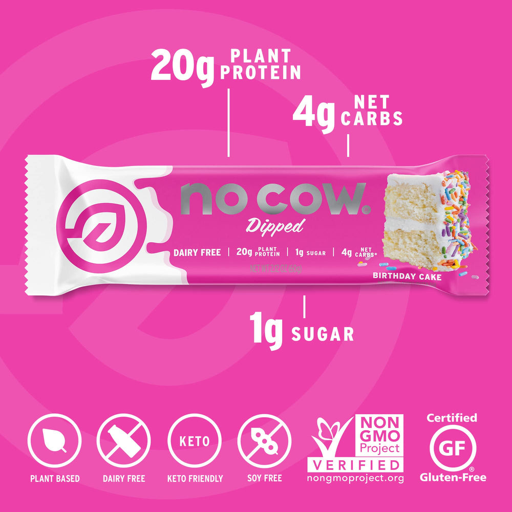 No Cow vegan protein bar ingredients list highlights gluten-free, dairy-free, soy-free plant-based nutrition.