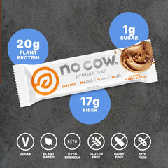 No Cow bar unwrapped to reveal chunky peanut butter texture and natural ingredients.