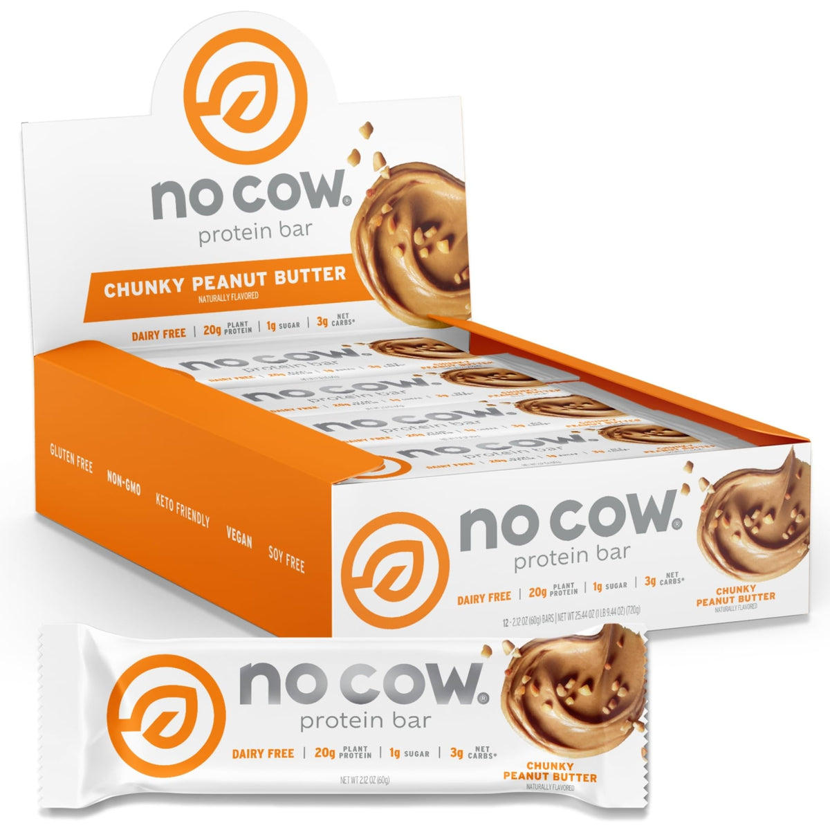 No Cow vegan protein bars box view with 12 bars for on-the-go energy.