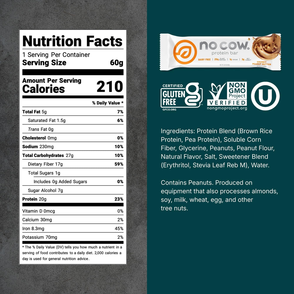 No Cow vegan protein bars close-up of chunky peanut pieces for texture and protein.
