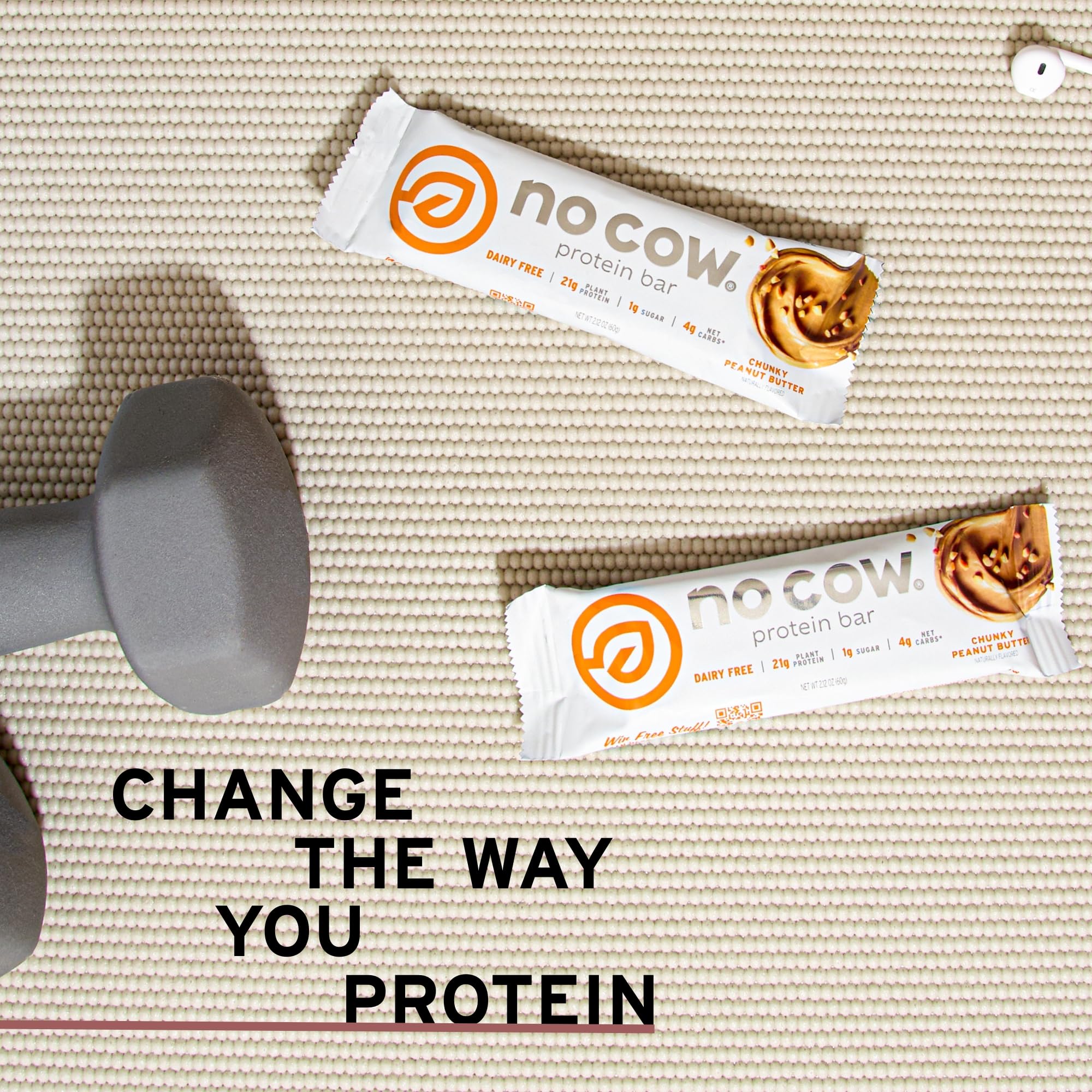 No Cow chunky peanut butter bar on kitchen counter ideal for quick bites.