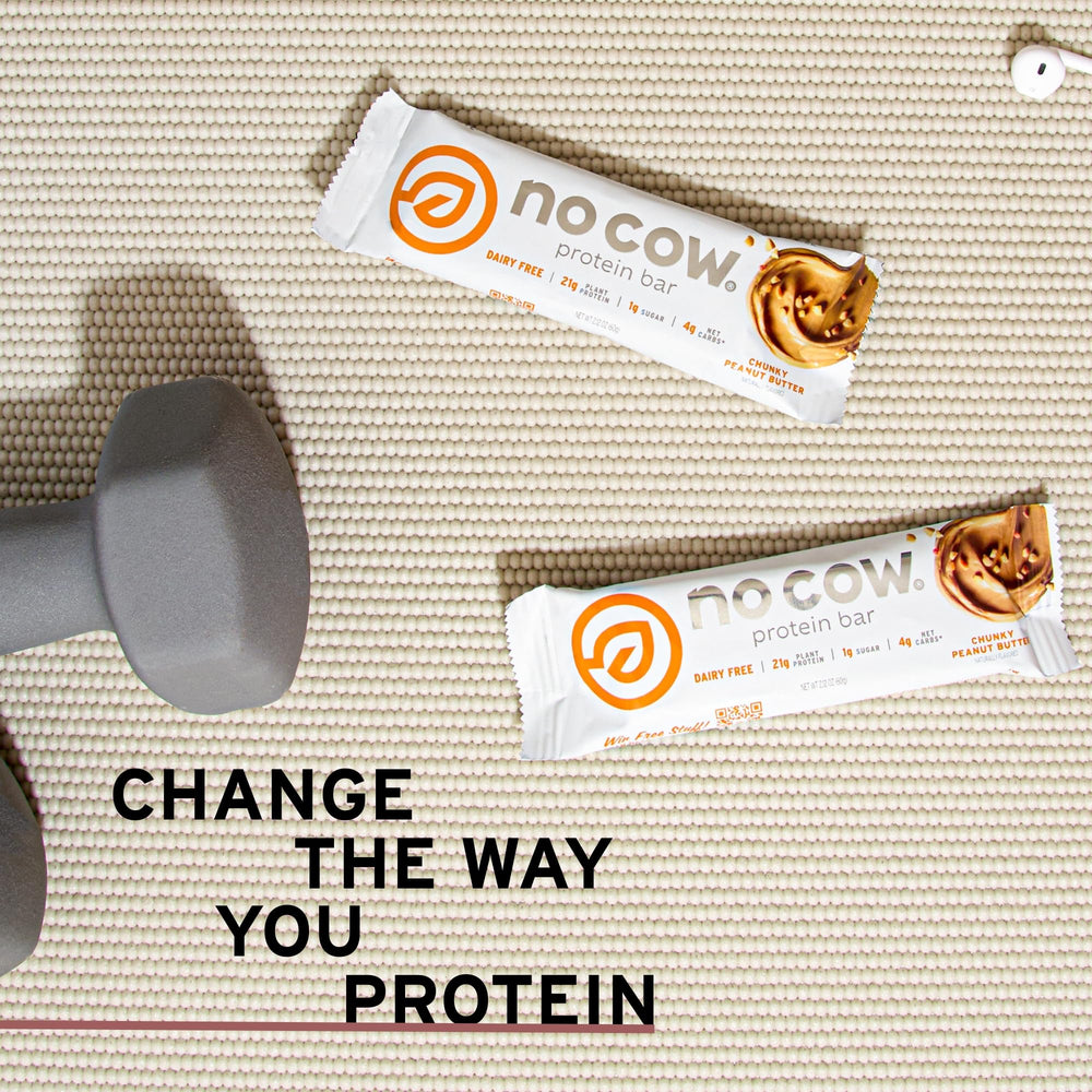 No Cow chunky peanut butter bar on kitchen counter ideal for quick bites.