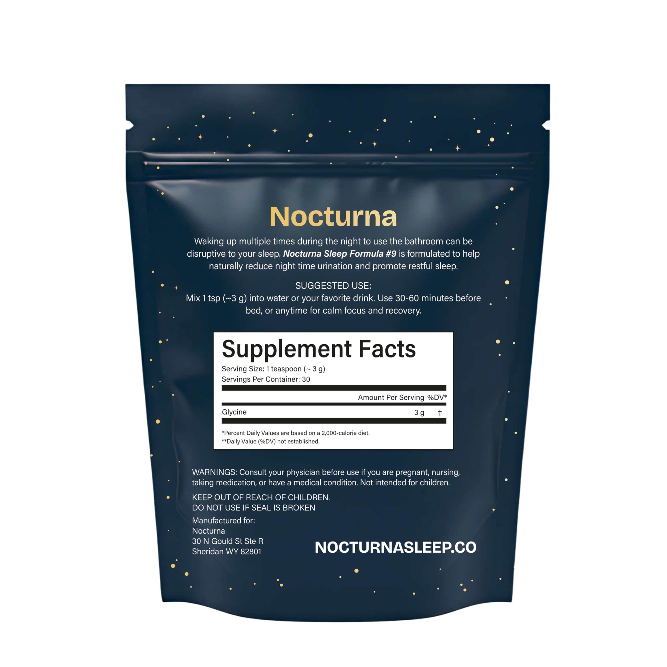 Nocturna Glycine bottle made in USA showing quality control and purity.