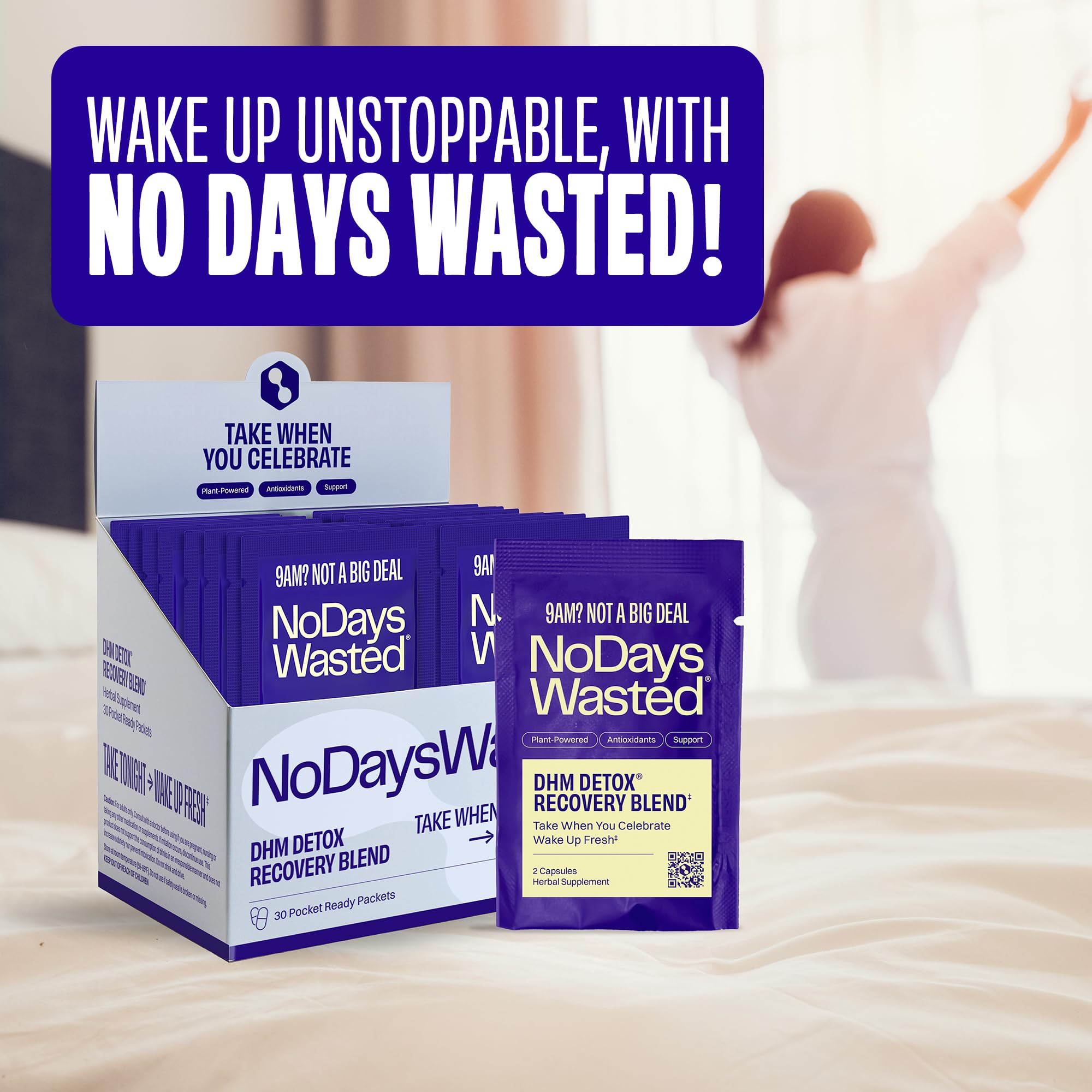No Days Wasted DHM Detox bottle label closeup emphasizes science-backed ingredients