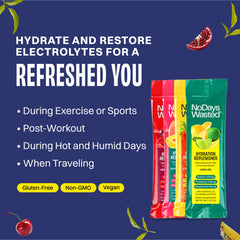 No Days Wasted Hydration Replenisher Cherry Pomegranate stick packet supports post-workout balance.