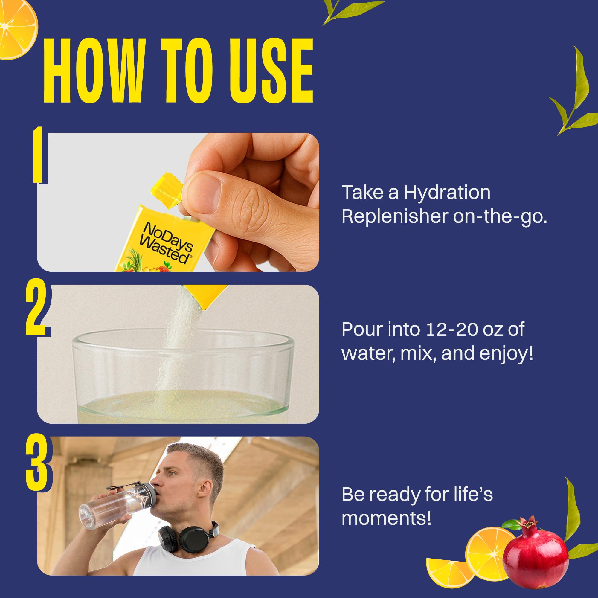 No Days Wasted Replenisher dissolves quickly in water for a tasty, balanced drink.