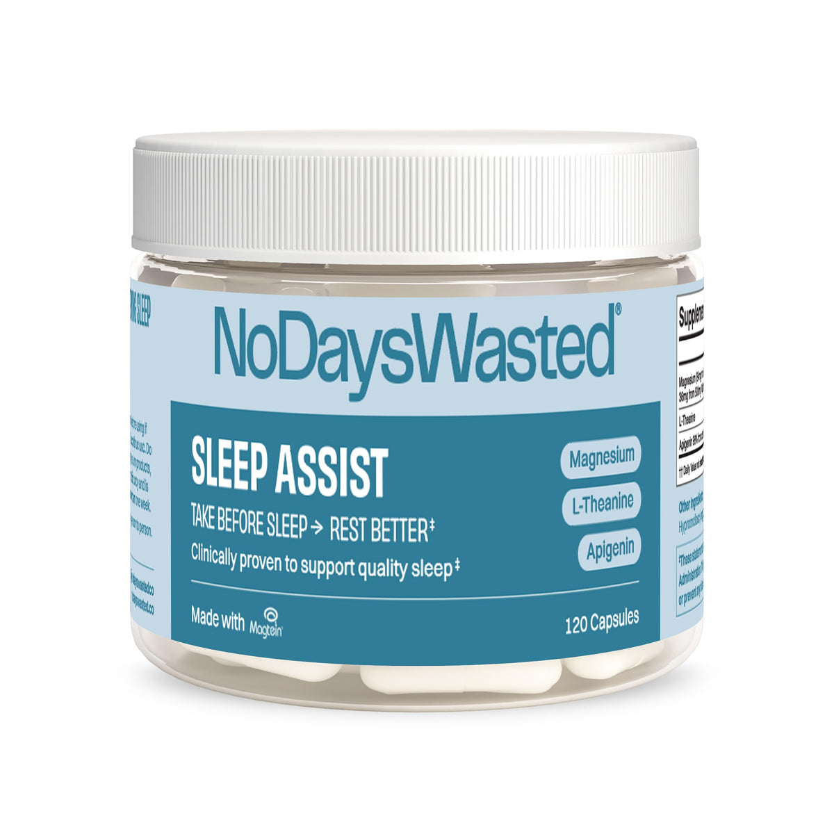 No Days Wasted Rest Assist bottle on a nightstand for a calm bedtime routine.