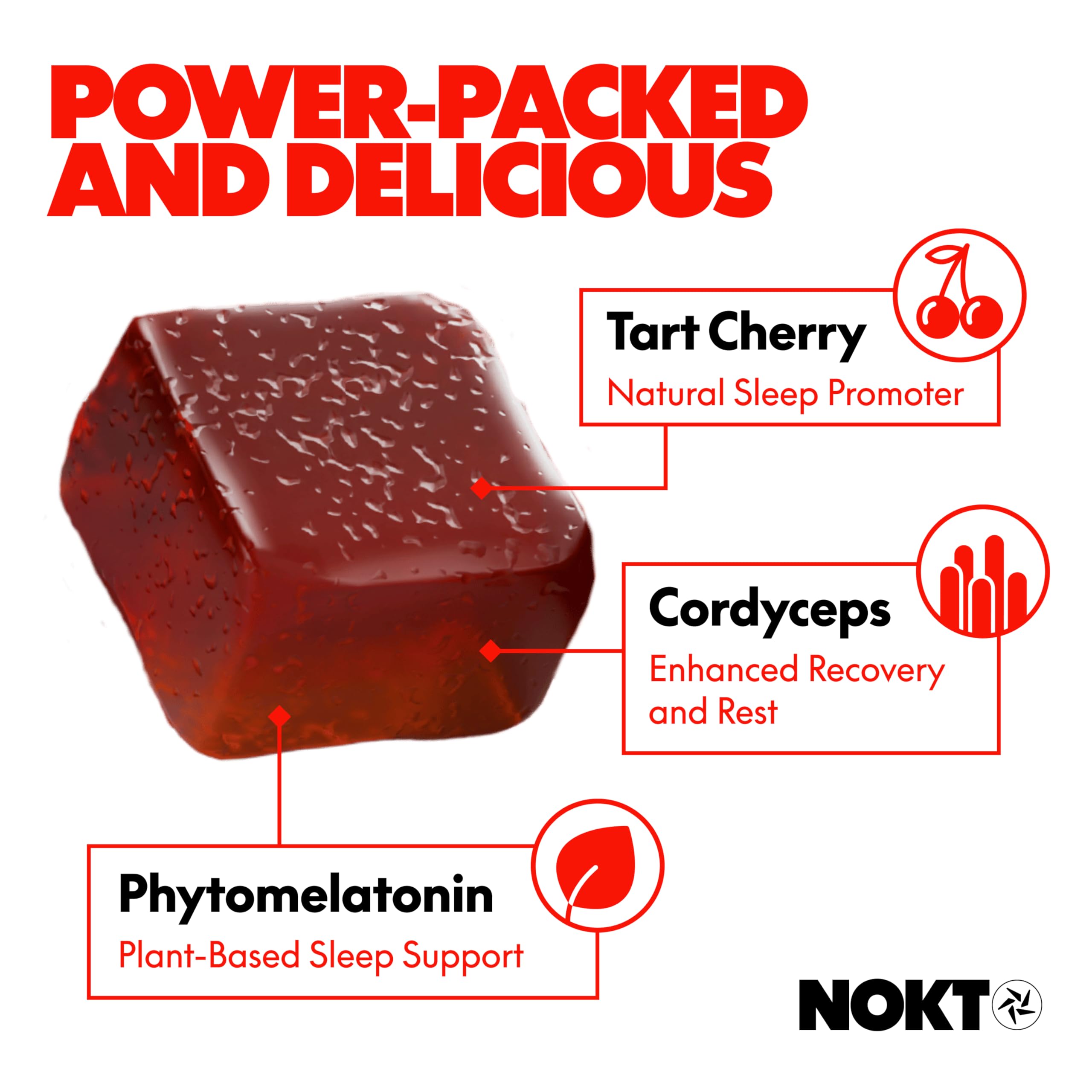 NOKT Sleep Gummies label highlights vegan melatonin and gluten-free benefits.