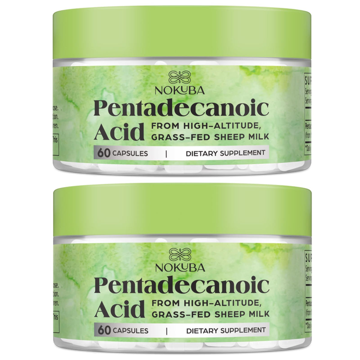Nokuba Pentadecanoic Acid 300mg bottle for daily supplementation.