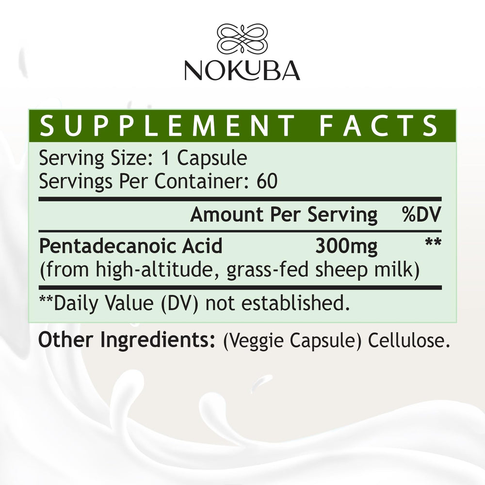 Nokuba Pentadecanoic Acid C15 capsules closeup highlighting dosage form.