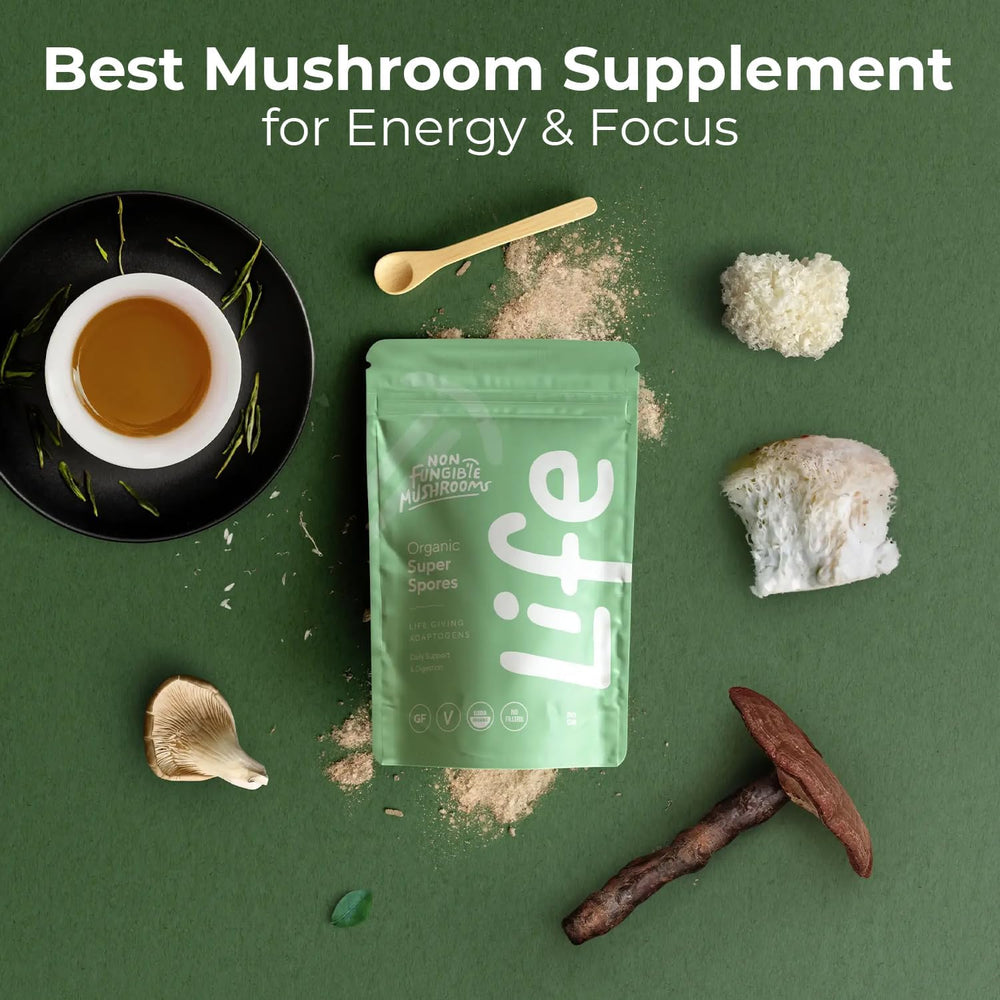 Non Fungible Mushrooms Life blend includes Reishi, Lion's Mane, Cordyceps
