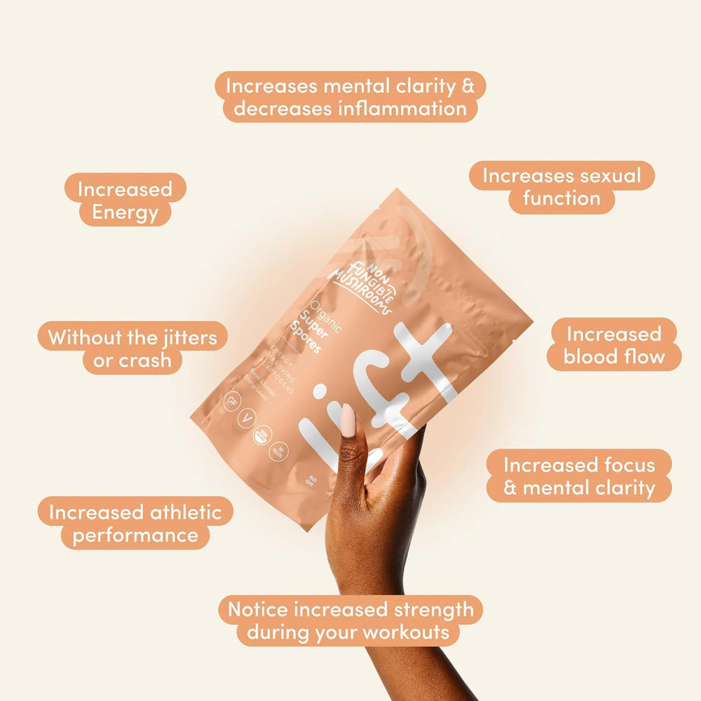 Non Fungible Mushrooms Lift label-detail emphasizing cordyceps, beet root, and adaptogens.