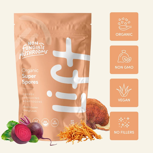 Non Fungible Mushrooms Lift powder scoop showing convenient daily serving for your routine.