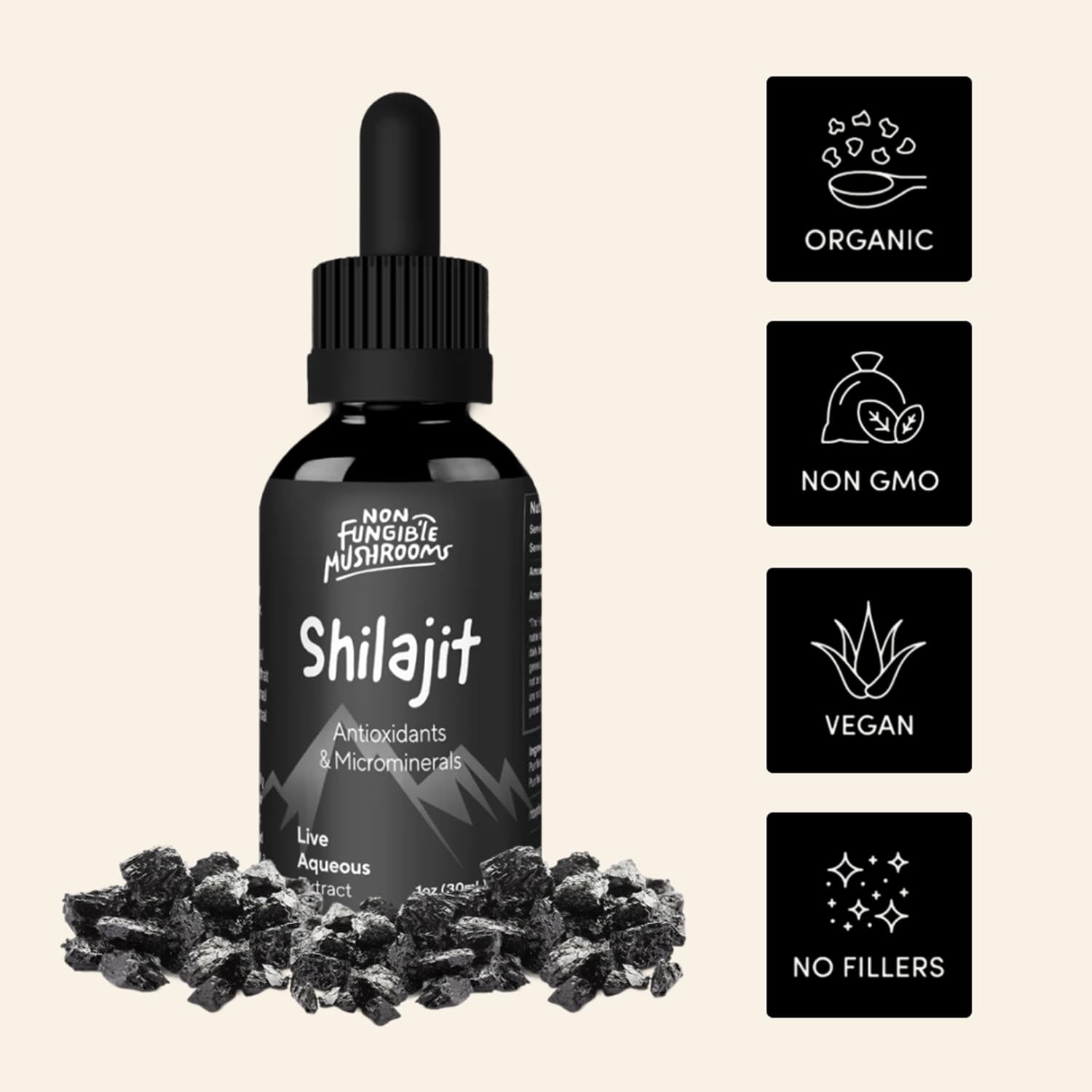 Non Fungible Mushrooms Shilajit drops added to water for energy.