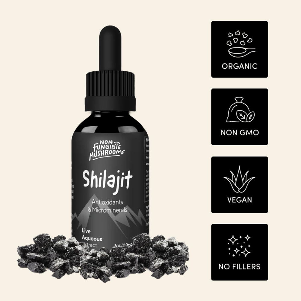 Non Fungible Mushrooms Shilajit drops added to water for energy.