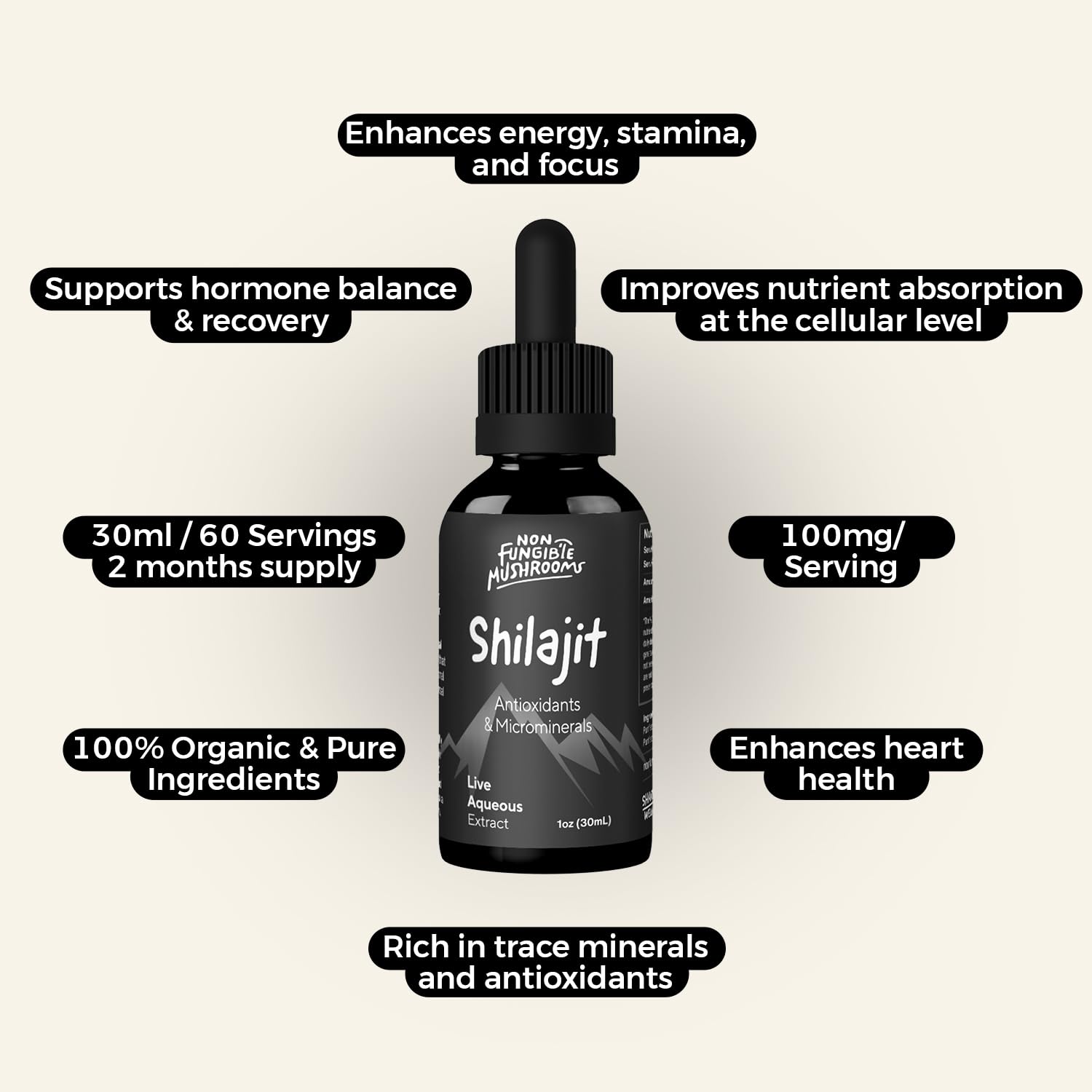 Glass of water with Non Fungible Mushrooms Shilajit tincture being poured.