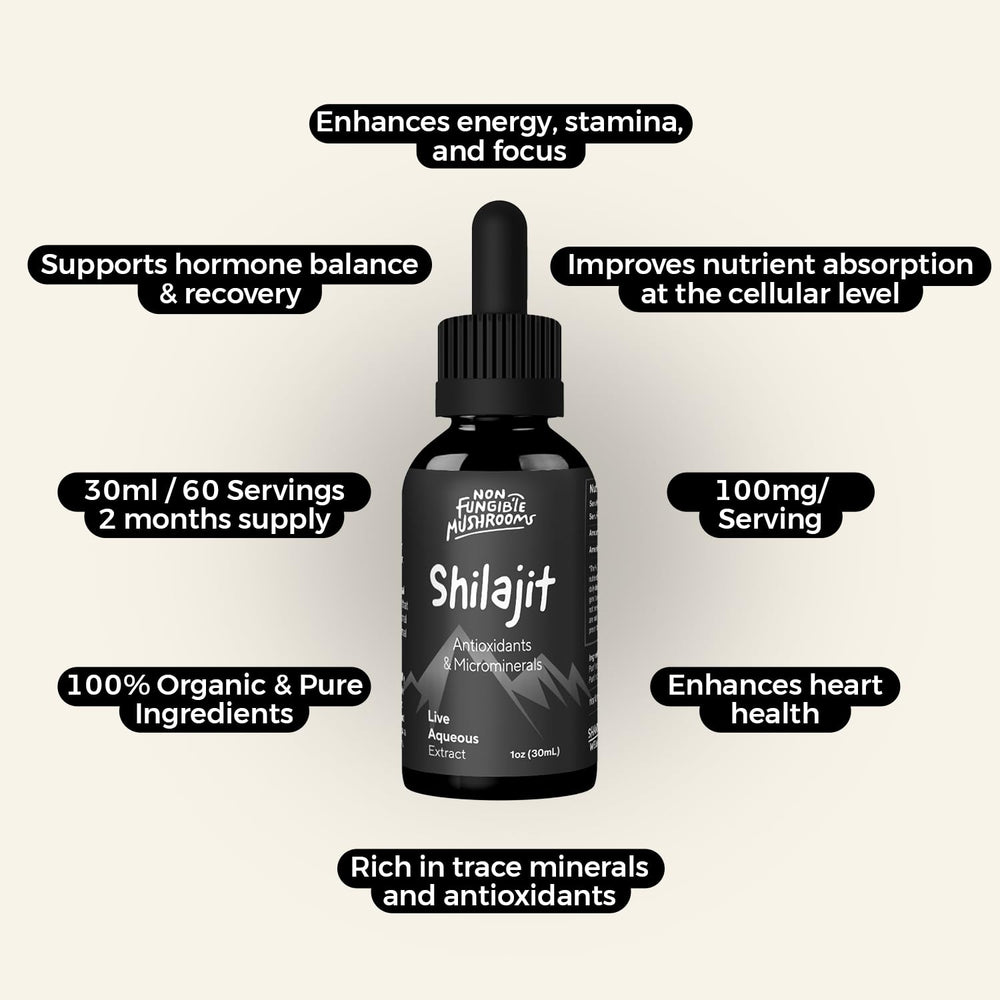 Glass of water with Non Fungible Mushrooms Shilajit tincture being poured.