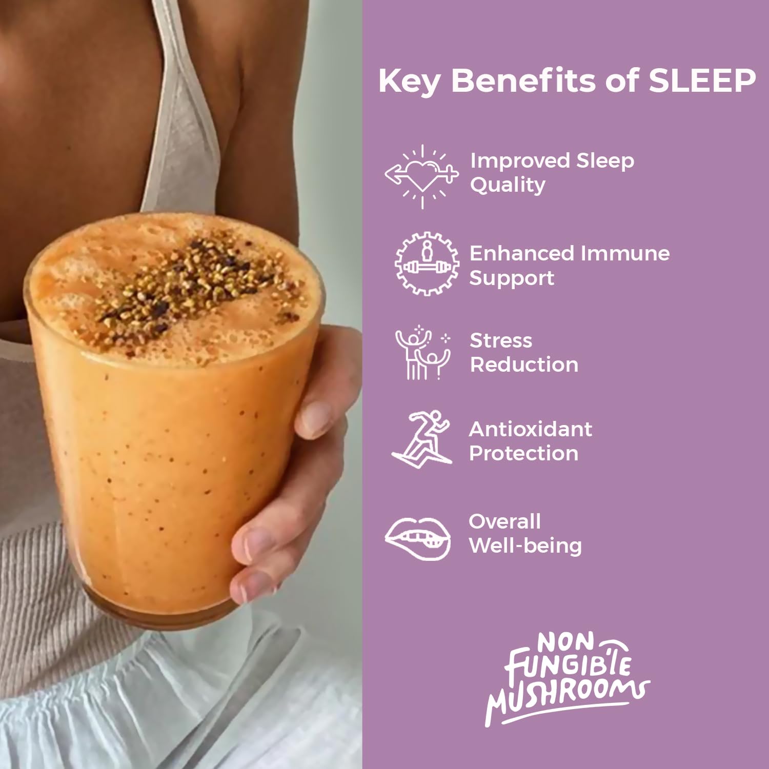 Non Fungible Mushrooms Sleep immunity-support display beside bottle.