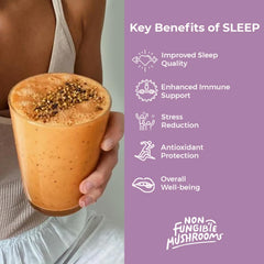 Non Fungible Mushrooms Sleep immunity-support display beside bottle.