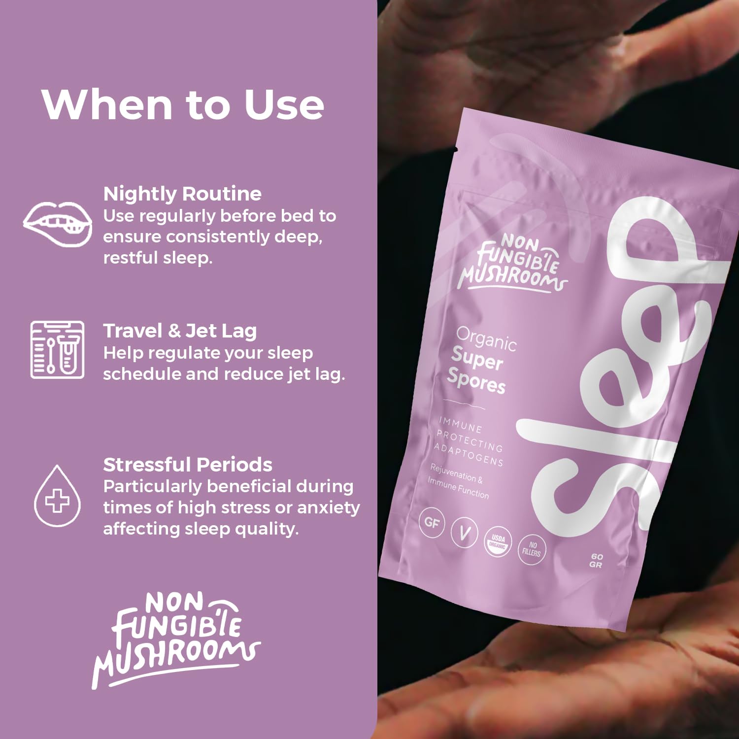 Non Fungible Mushrooms Sleep organic label signals clean, natural ingredients.