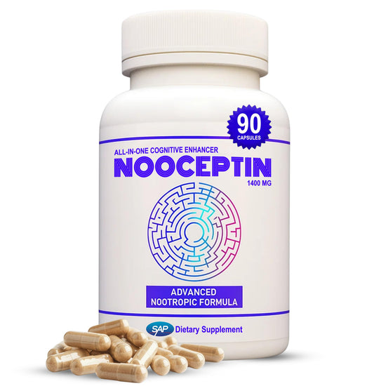 NOOCEPTIN all-in-one cognitive enhancer bottle with capsules promotes focused work and sustained mental clarity.