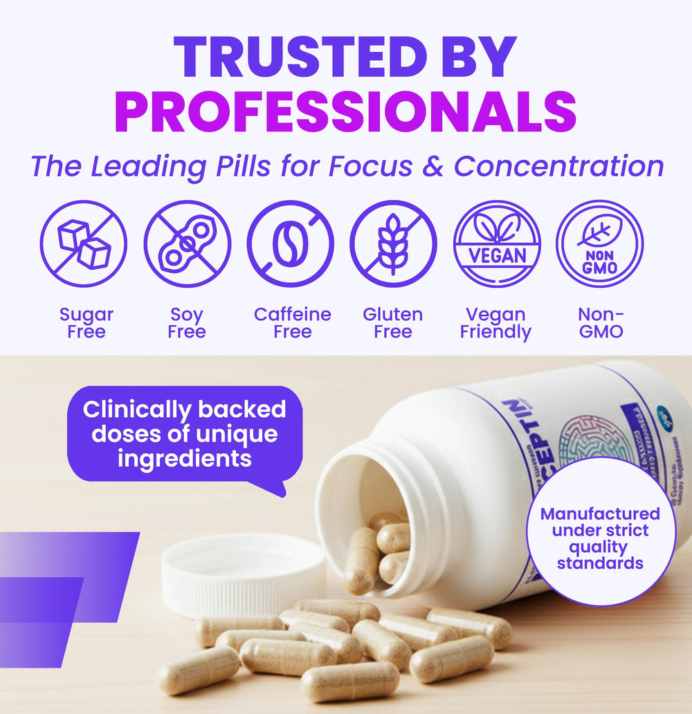 NOOCEPTIN bottle pour showing easy dosing for steady cognitive performance throughout the day.