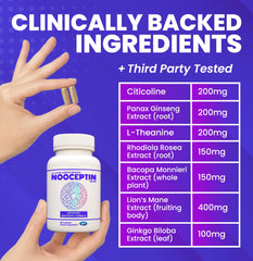 NOOCEPTIN label closeup emphasizing transparent formula and seven clinically researched ingredients.