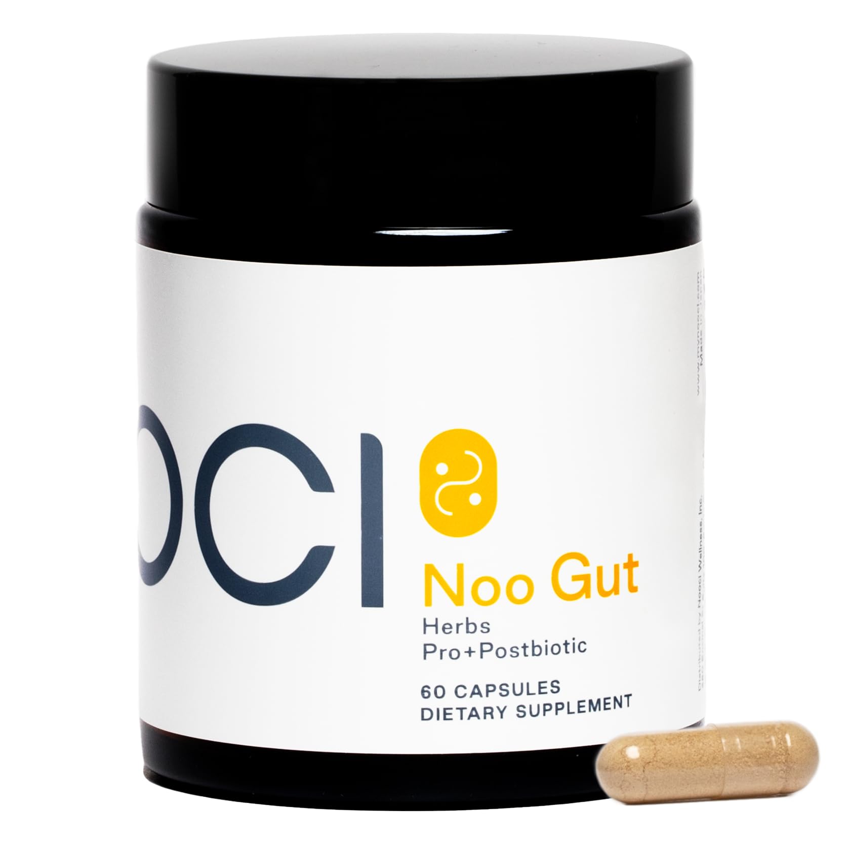 NOOCI NOO Gut bottle close-up showing vegan capsules for digestive support