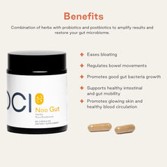 NOOCI NOO Gut bottle pour illustrating easy daily intake for bloating relief