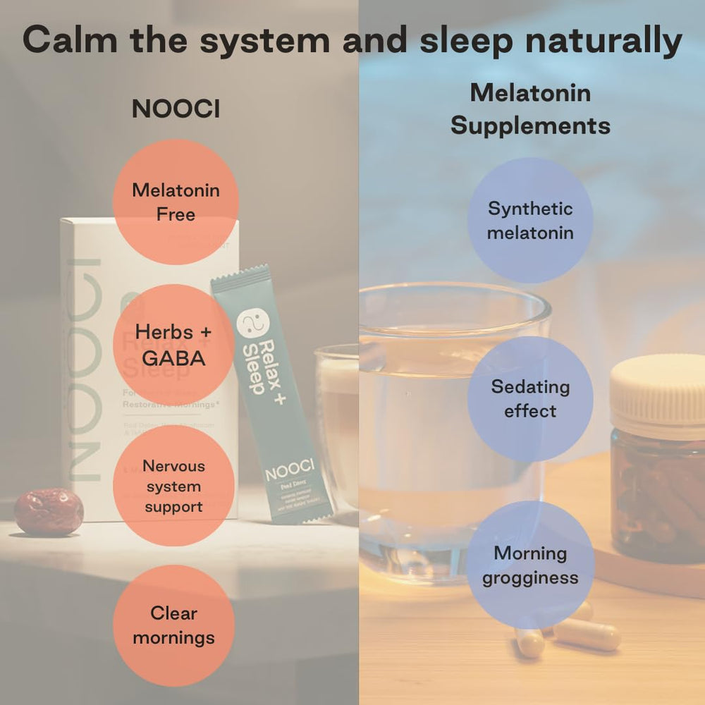 Powder being stirred in warm water for NOOCI Relax + Sleep to ease bedtime unwinding.