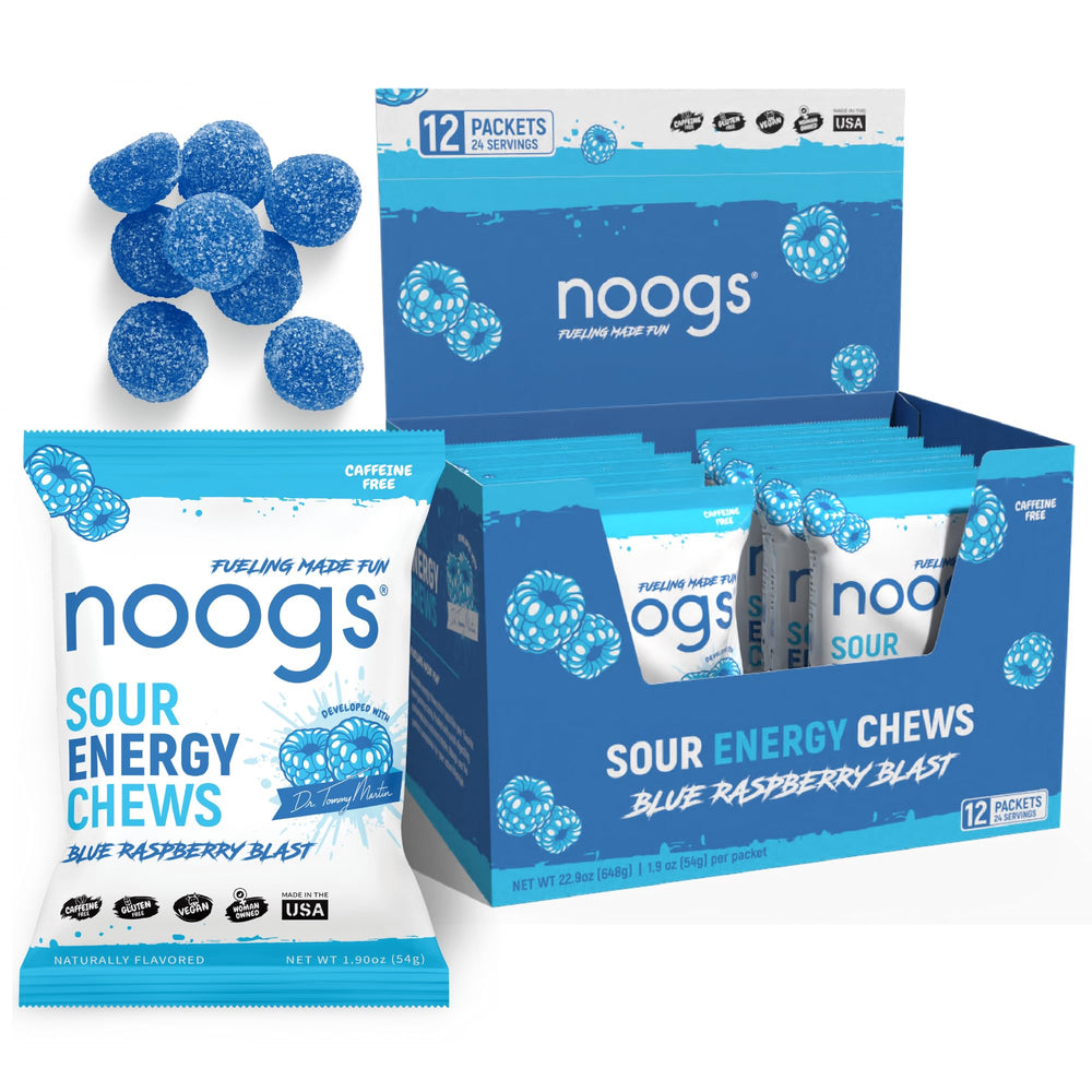 Noogs Sour Energy Chews blue raspberry bottle for on-the-go fueling.