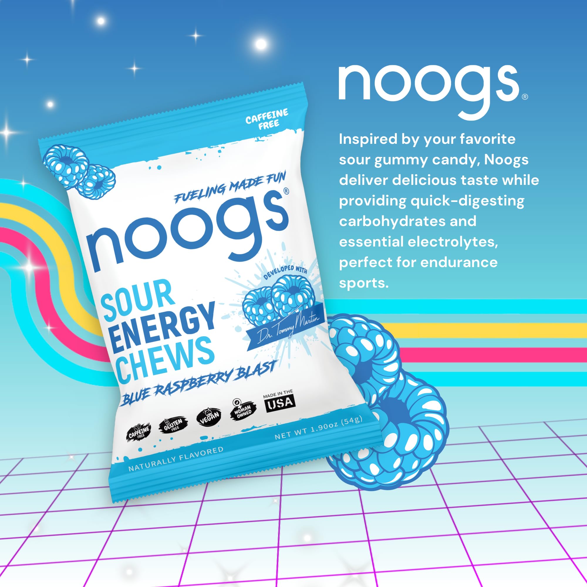 Noogs Sour Energy Chews blue raspberry pack ready for workouts.