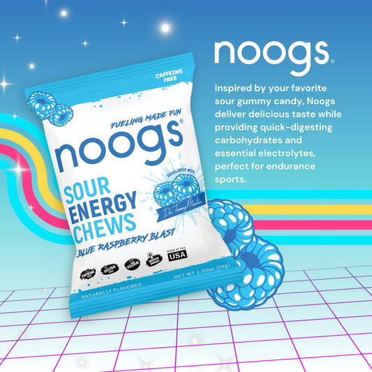 Noogs Sour Energy Chews blue raspberry pack ready for workouts.