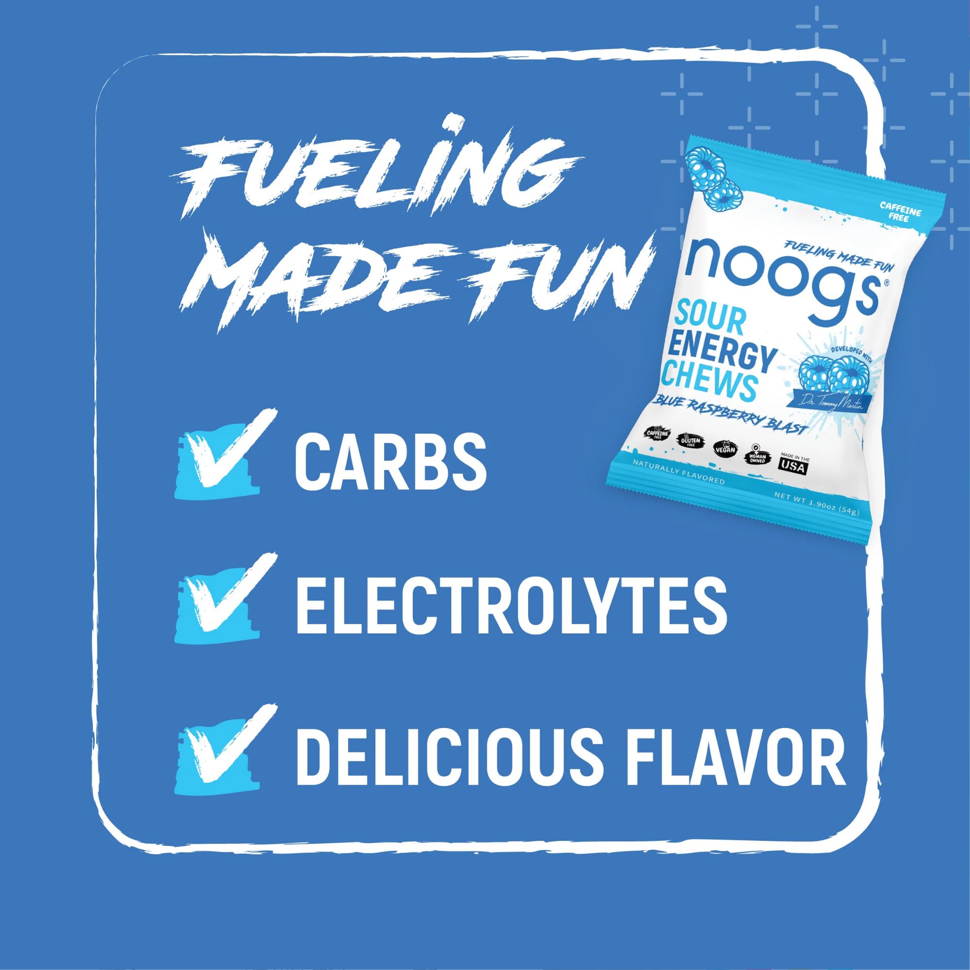 Noogs Sour Energy Chews held in hand for quick energy.