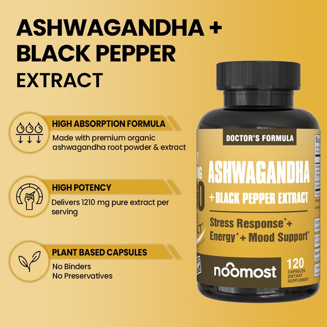 NooMost Ashwagandha bottle on desk with simple lifestyle scene