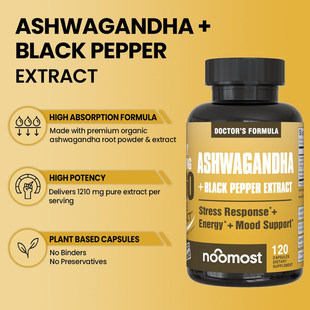 NooMost Ashwagandha bottle on desk with simple lifestyle scene
