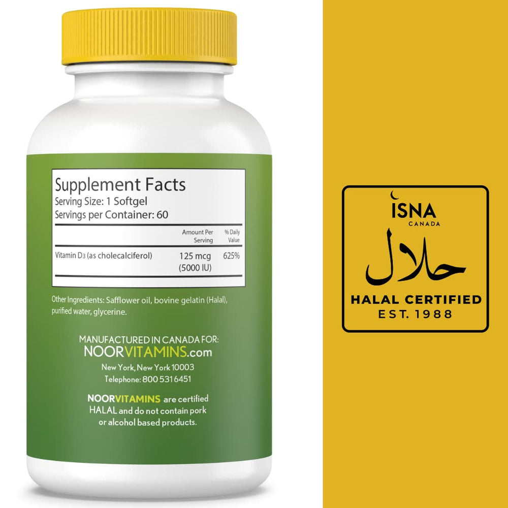 Close-up of Noor Vitamins D3 softgels highlighting easy swallowing.