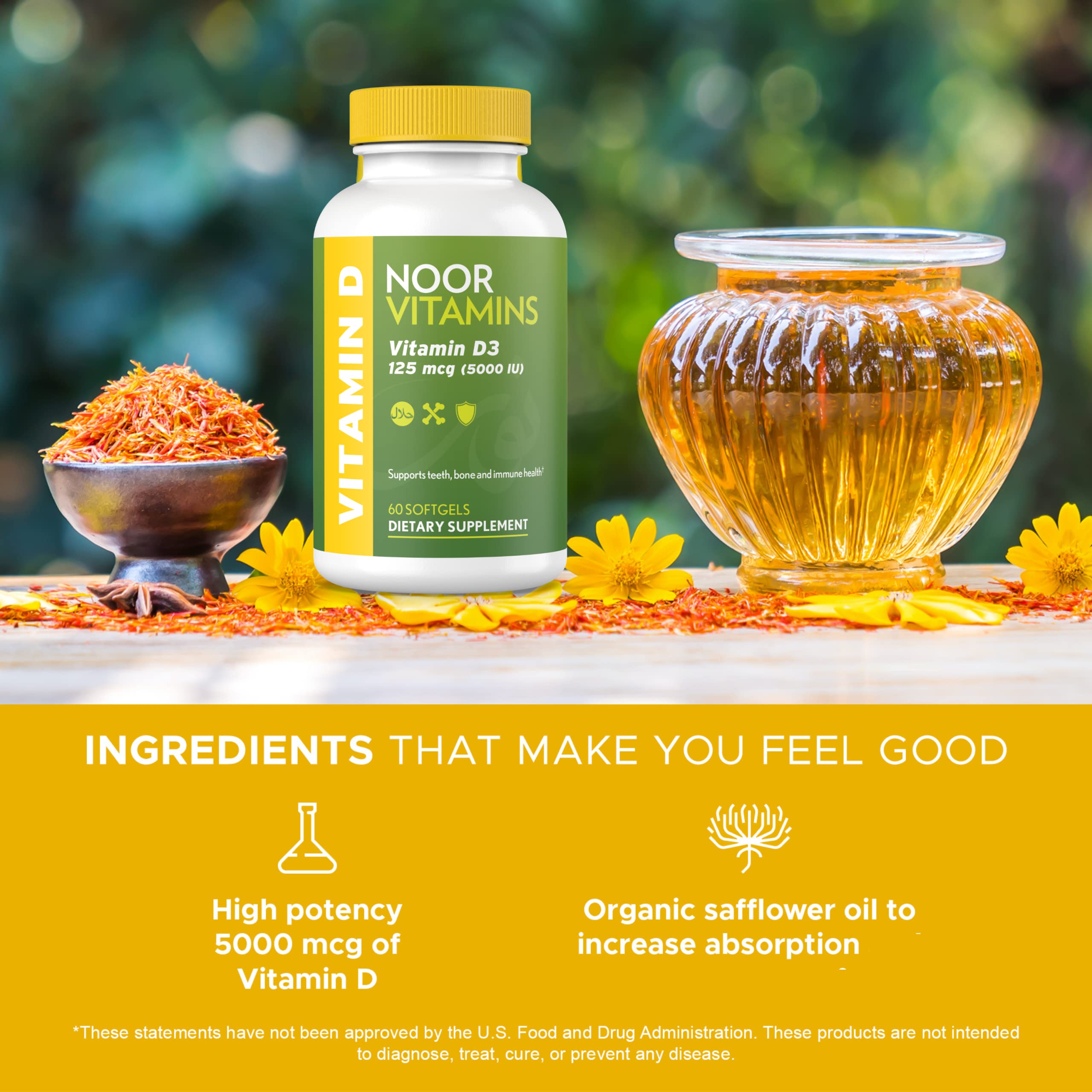 Gluten-free and non-GMO Noor Vitamins seals on packaging.