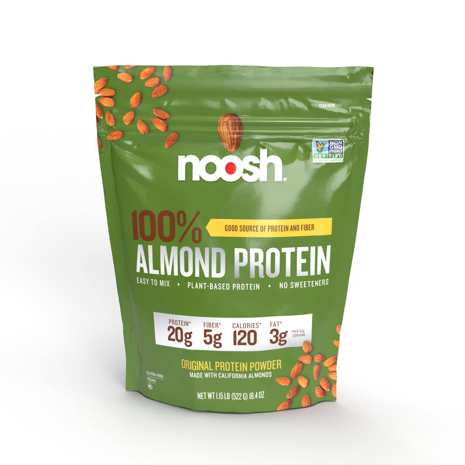 NOOSH almond protein powder bottle with plant-based protein from almonds for shakes
