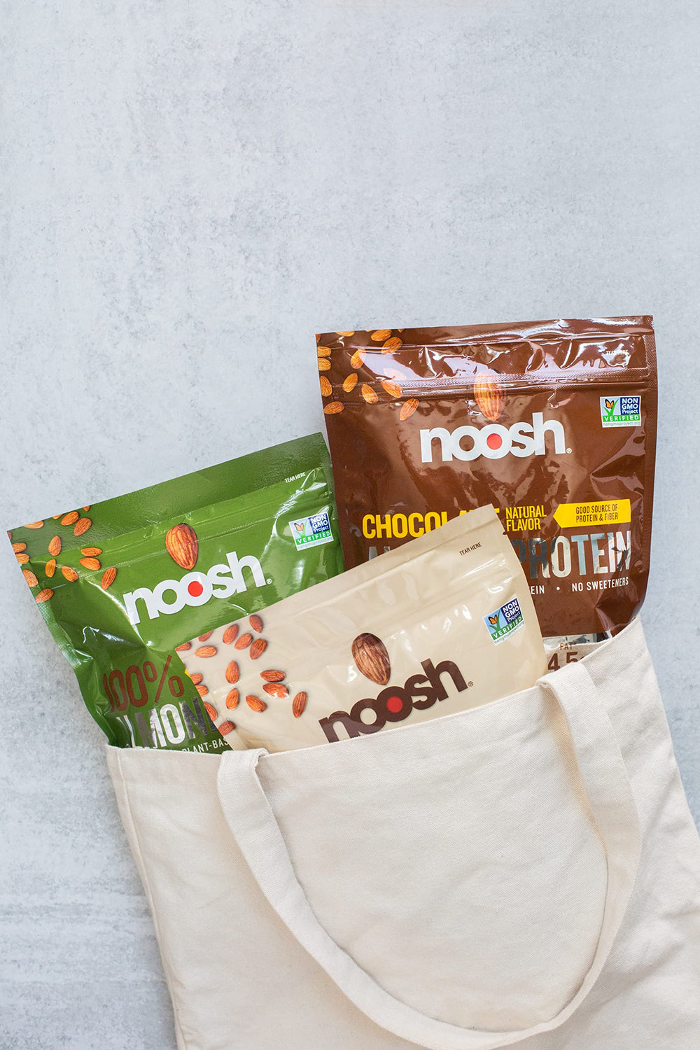 NOOSH ingredients panel emphasizing 100 percent almond protein with no fillers