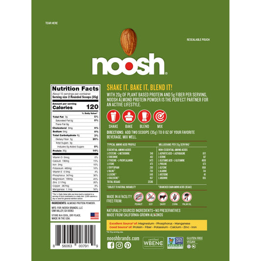NOOSH almond protein powder scoop shows easy 20g servings