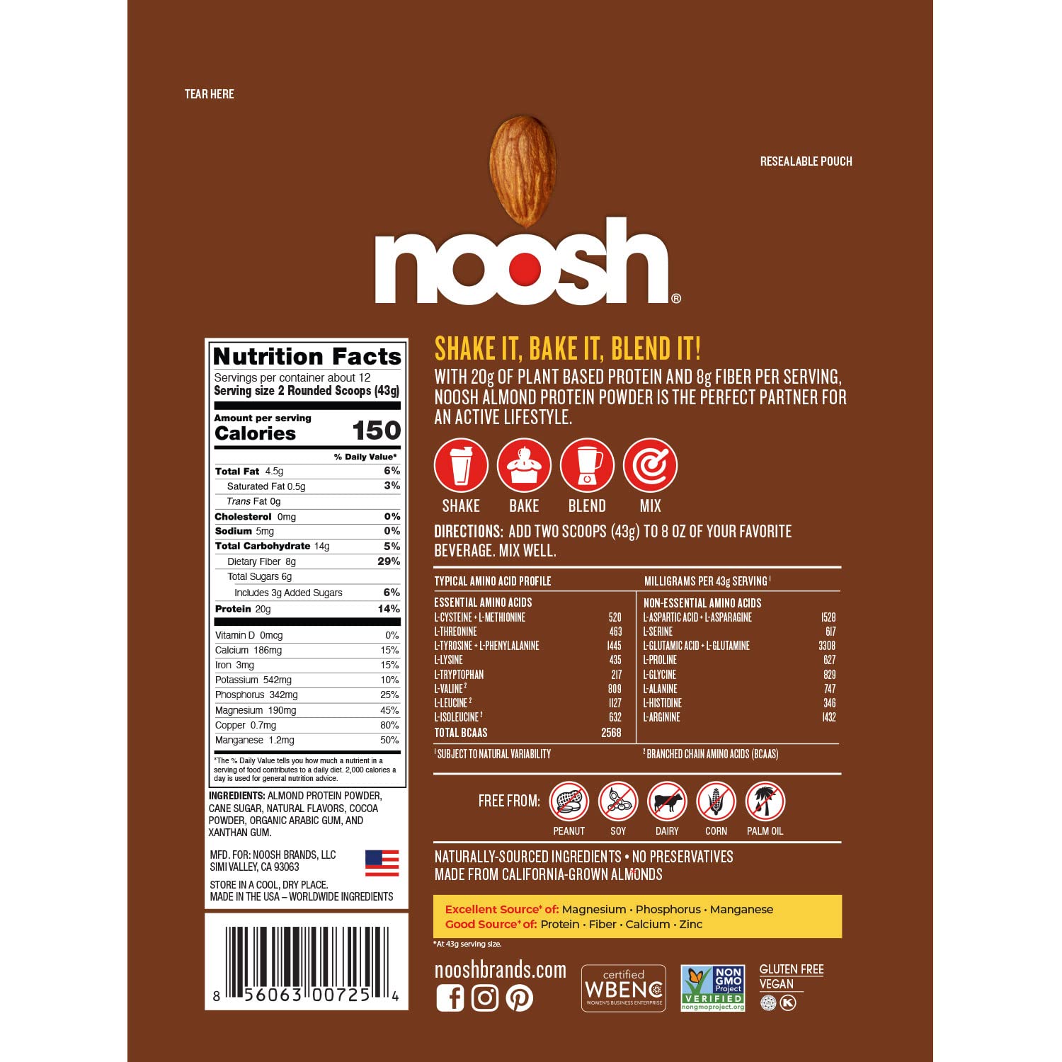 NOOSH chocolate protein powder scoop showing easy mix for shakes and bowls
